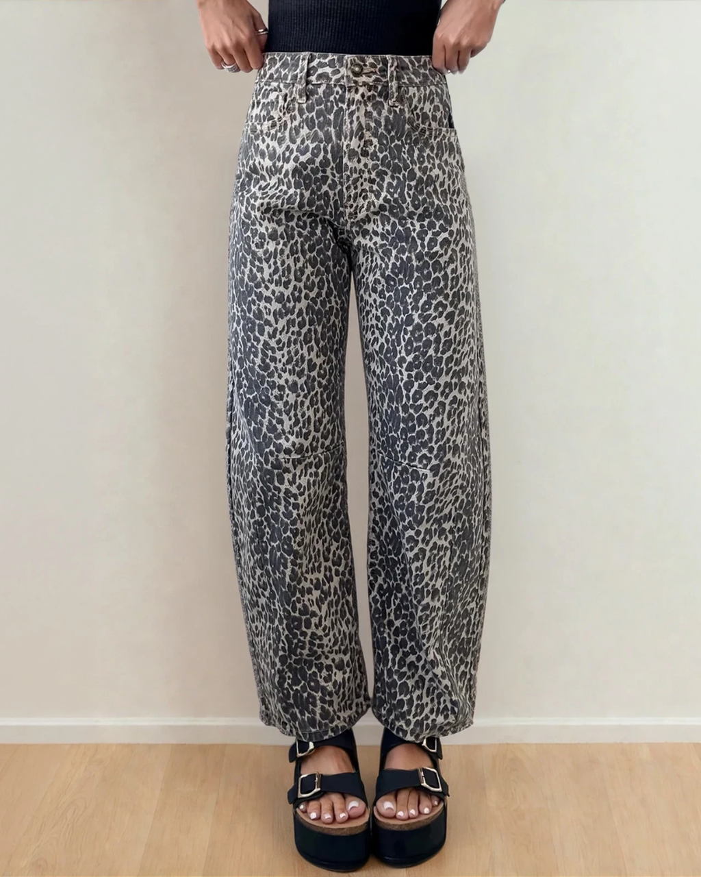 Naeve Leopard Print High Waist Barrel Jeans